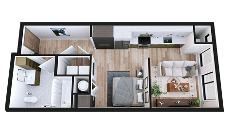 A top-down view of a modern apartment layout with a kitchen, living room, and bedroom.